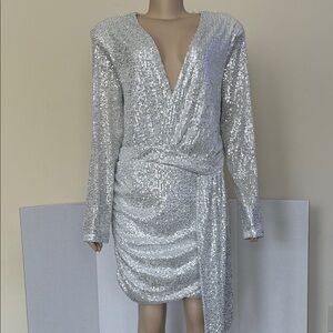Fashion Nova Center Stage Sequin Mini White/Silver Long Sleeve Dress